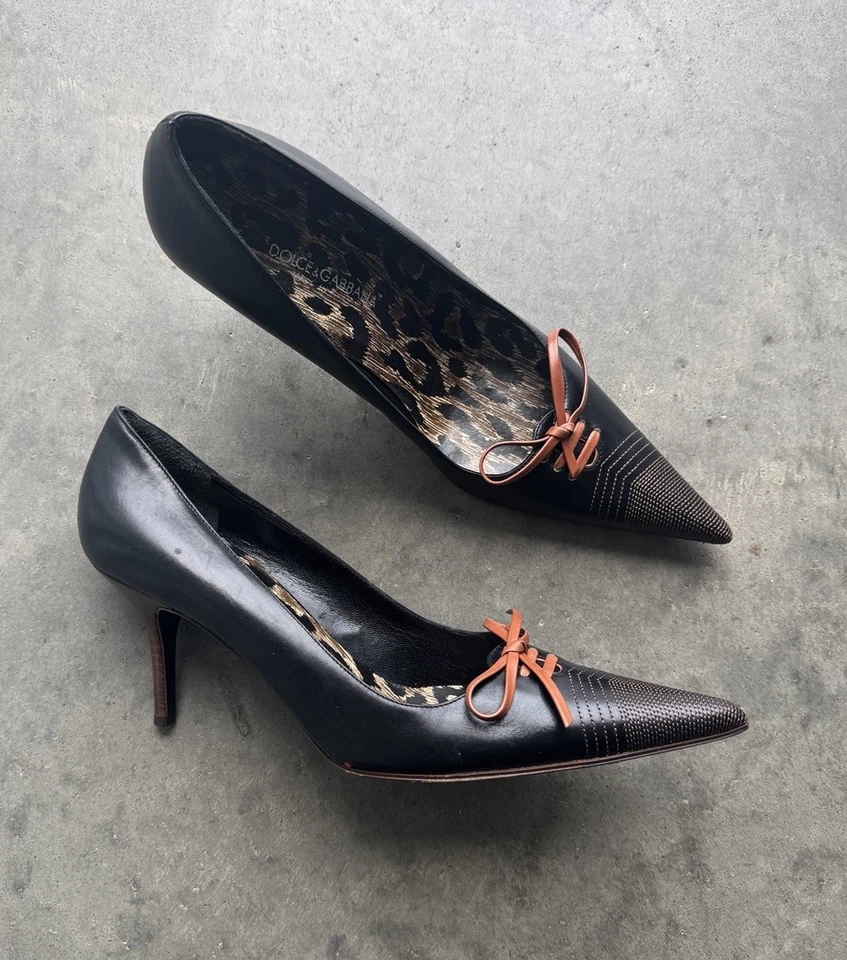VTG Y2K Dolce & Gabbana Heels Women's 38.5 Black Leather Stilleto Pumps Leopard - Image 2 of 4