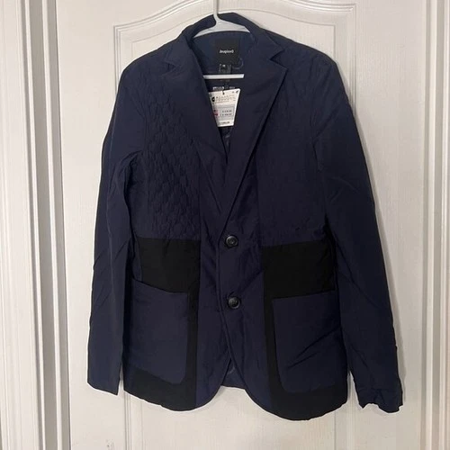 Desigual Ame Adler Navy Blue Quilted Mixed Media Blazer Jacket 20SMAW08 Mens 48 - product listing photo