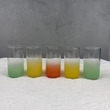 Vintage MCM Libby Glass Blendo Frosted Tumbler Glasses Set 5 green orange yellow
