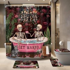 4 PCS Gothic Skull Skeleton Shower Curtain Set 72Wx72H Halloween Bathroom Set...