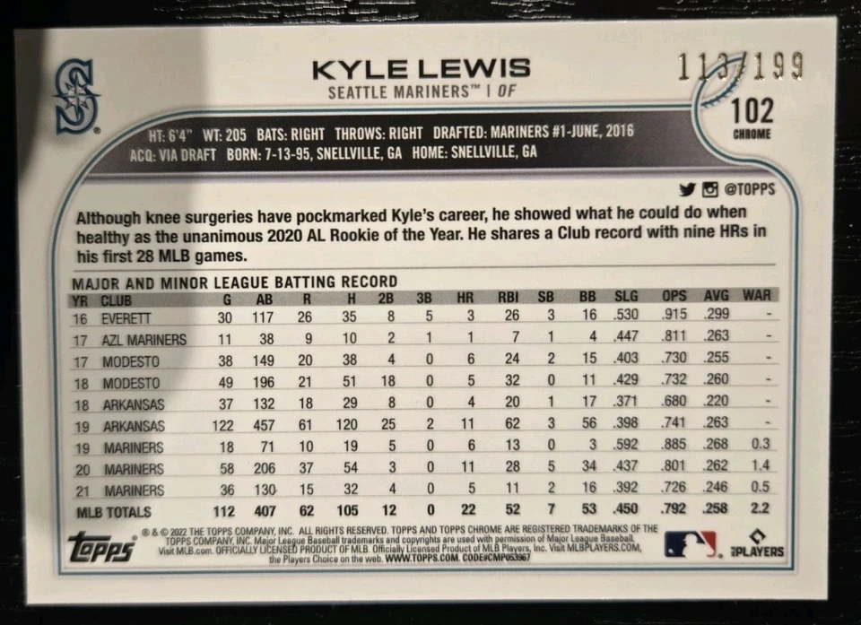 Kyle Lewis 2022 Topps Chrome #102 Aqua Refractor /199 Mariners - Image 2 of 2