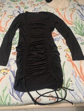 FashionNova Ruched Long Sleeve Black Dress with Adjustable Drawstring Hem