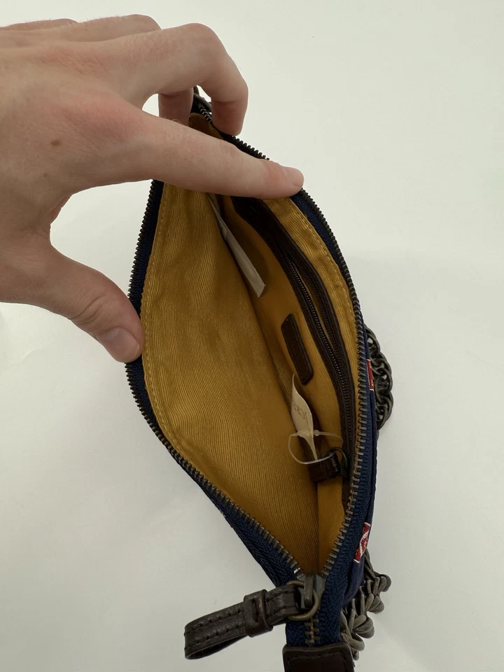 NEW J. Crew Silk Wristlet Clutch Purse Chain Link Strap Preppy Navy Red Crests - Image 4 of 4