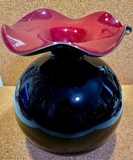 Solid Black Red Interior Art Glass Hand Blown Bulbous Vase Wavy Rim 7" Hx5.5" W