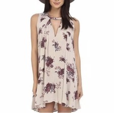 Free People Dress Womens Small Beige Multi Floral Tree Swing Tunic Button Cutout