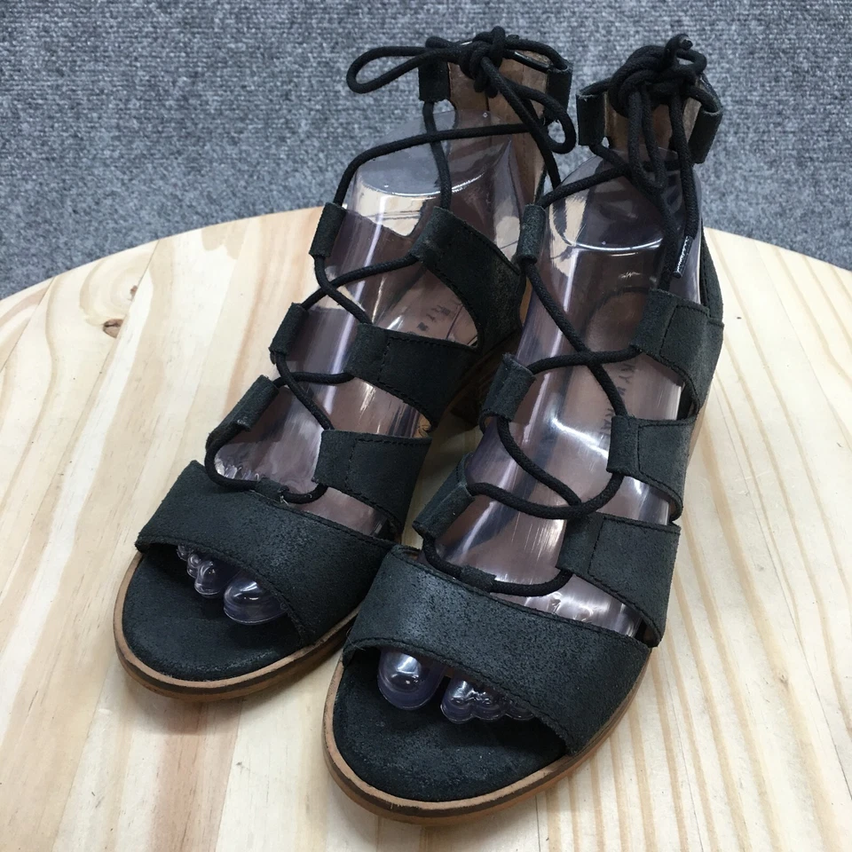 Lucky Brand Sandals Womens 7 M Tazu Casual Back Zip Ankle Strappy Black Leather - Image 3 of 4