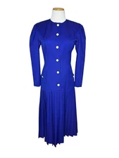 VTG Donna Morgan NSP Women's Sz 6/8 S/M Blue Drop Waist Pleated Fit Flare Dress