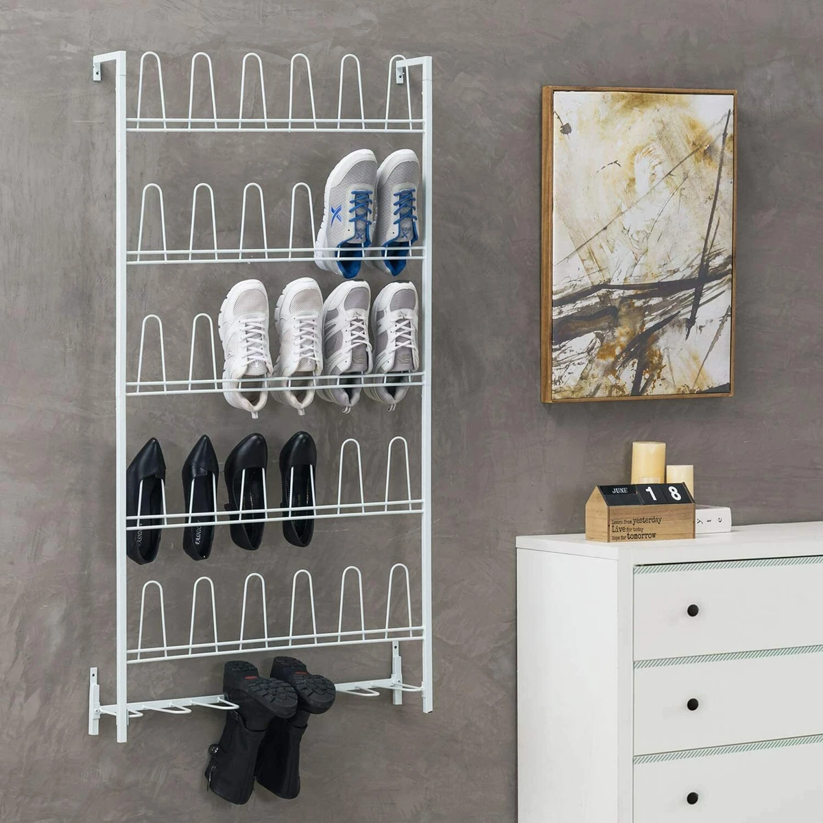 MyGift 18 Pair Wall Mounted Entryway White Metal Shoes and Boots Organizer Rack