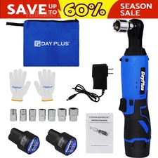 Cordless Electric Angle Wrench Tool 3/8'' 90° 140Nm Right Ratchet Gun 2 Battery