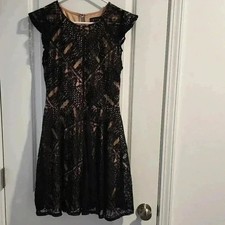 City Triangles Black Floral Lace Fit and Flare Mini Dress Flutter Sleeve Large