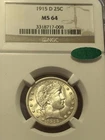 1915 D Barber Quarter Ms64 Graded By Ngc Cac Approved Gorgeous Stunning Luster!