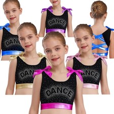 Kids Girls Crop Top Athletic Vest Workout Shirt Gymnastics Crisscross Back Jazz