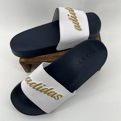 Adidas Women's Adilette Shower Slide White Gold Metallic Shadow Navy Size 10