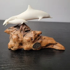 John Perry Dolphin Duo Sculpture on Burl Driftwood Marine life/Ocean
