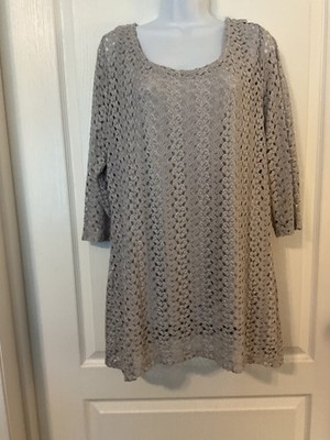 JM Collection Gray Embroidered Lace Overlay Top Long Sleeve Size XL -B27