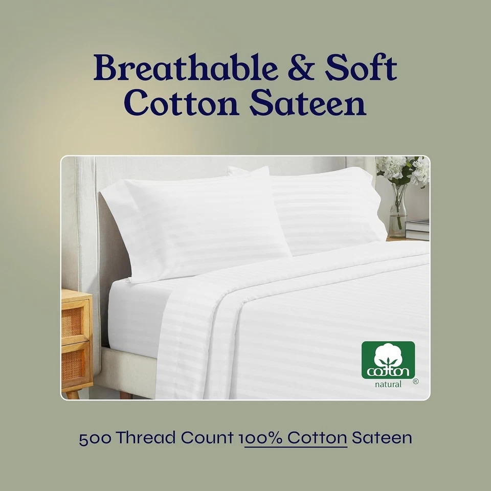 Juego de cama de satén a rayas blancas 500 TC Foto 4 de 4