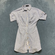 Cider Shirt Dress Womens Medium Blue White Striped Roll Tab Sleeve Button Front