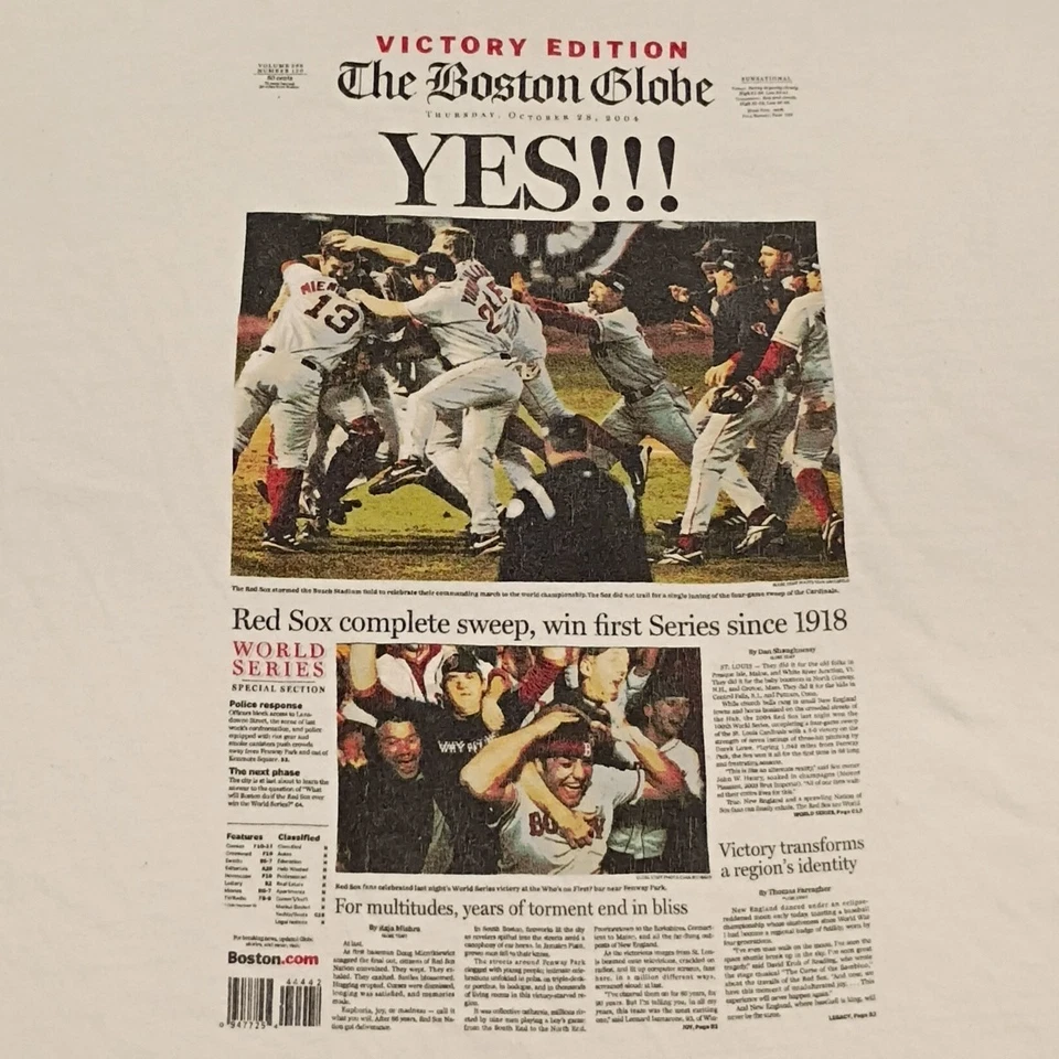 👾Vintage MLB Boston Red Sox Complete Sweep Newspaper T-Shirt Sz XXL 23.5x30.5 - Image 3 of 4