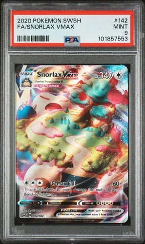 PSA Graded Mint 9 Snorlax VMAX 142/202 Pokémon Swsh01: Sword & Shield Holo