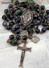 Rosario de bronce vintage ojo de tigre azul St Jude Raphael Lourdes
