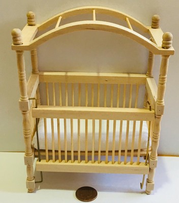 1:12 Scale Drop Sided Natural Finish Wooden Cot With A Canopy Tumdee Dolls House
