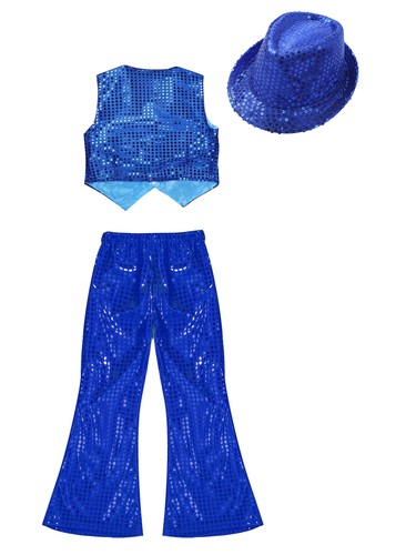 Kids Boys Girls 3Pcs/Sets Sequined Waistcoat Dress Up Vest Club Wear Jacket Hat - Picture 46 of 71