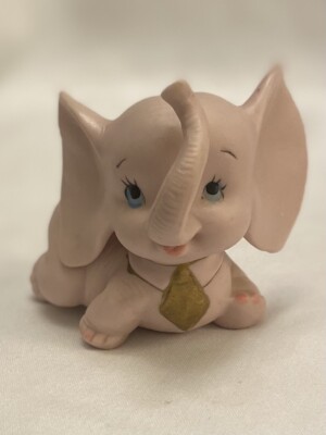 Vintage Pink Bisque Elephant Figurine Mid Century Wearing Gold Tie 3.5 x3.5 