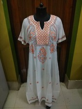 HANDMADE ETHNIC LONG MAXI 2XL 46" TOP 100 COTTON KURTA KURTI CHIKAN EMBROIDERY