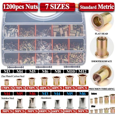 1200Pc Rivet Nuts M3-M12 Steel/Aluminum Rivnut Insert Nutsert Threaded Flat Head