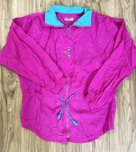 Vintage Puma Jacket Rain Windbreaker Sports Wear Nylon Pink Blue Large Women’s