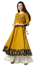 Indian Traditional Women's Cotton Embroidered Anarkali Kurta Yellow Colour