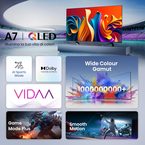 Hisense TV 43" QLED 4K 43A72NQ, Smart TV VIDAA U7, Dolby Vision, HDR 10+, Game M - Foto 3 di 12