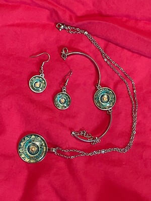 Mandala costume jewelry set with necklace bracelet earrings BN Blue Green Cosmic