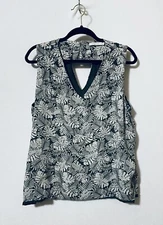 Frnch Womens Large Sleeveless Top V Neck Cut Out Back Leaf Print Green Boho