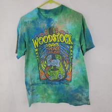 LIQUID BLUE Mens Shirt Sz MED Woodstock 3 Days Peace Music GREEN Tie Dye Guitar