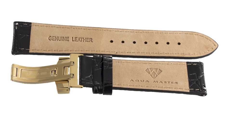 Correa de reloj Aqua Master para hombre de 22 mm de cuero de cocodrilo negro con hebilla dorada Foto 3 de 3