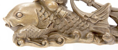 Vintage Japanese Bronze Scroll Weight Okimono Ebisu Daikoku Carp Minogame Statue - Picture 21 of 22