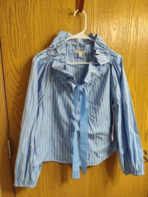 Free Assembly Blue White Striped Puff Sleeve Ruffle Neck Tie Blouse S (4-6)