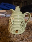 Vintage Ceramic Embossed Green Beehive Honey Pot W/ Gold Accents Made In U.S.A.