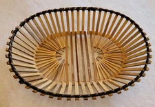 Mid Century Modern Japanese Style Bamboo Wooden Slat Oval Basket Vintage 12"