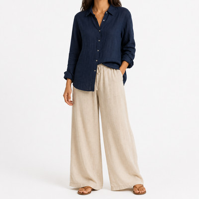 Haven Well Within Linen Shirt Womens L Blue Button Up Travel Resort Lagenlook