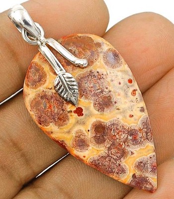 Leaf- Natural Bird Eye Jasper 925 Solid Sterling Silver Pendant