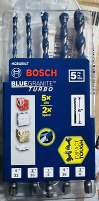BOSCH 5-PC BlueGranite Turbo CARBIDE HAMMER DRILL BIT SET 5/32 3/16 1/4 5/16 3/8