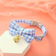 Pet Collar Square Plaid Bow Tie Design Cat Dog Safety Buckle w/Ball Sky Blue 1pc