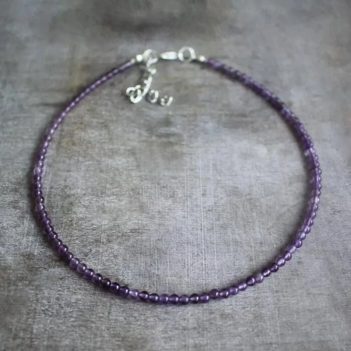 Natural Amethyst Beaded 3mm Necklace Purple Stone Choker Healing Crystal Gift - Image 3 of 4