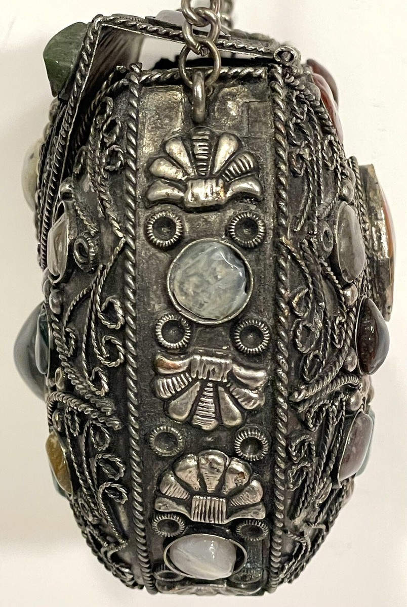 Vtg Handmade Sajai Metal Purse Handbag w/ Natural Agate Stones