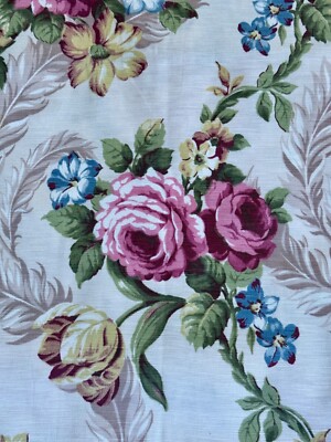 Rococo 1930s Roses & Feathers Hollywood  Regency Barkcloth Faille Vintage Fabric