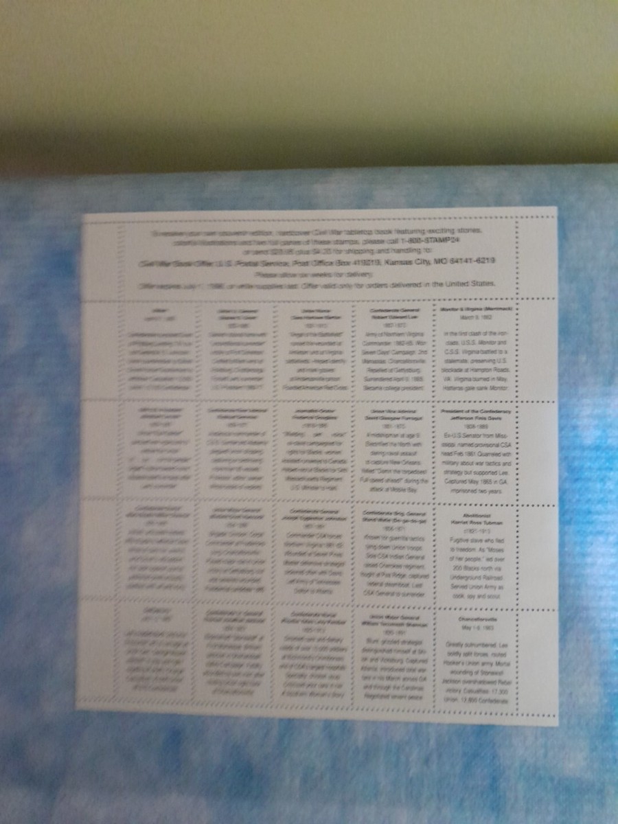 1994 USPS Uncut Sheet. CIVIL WAR STAMPS 20 STAMPS. 32 Cents. 1994