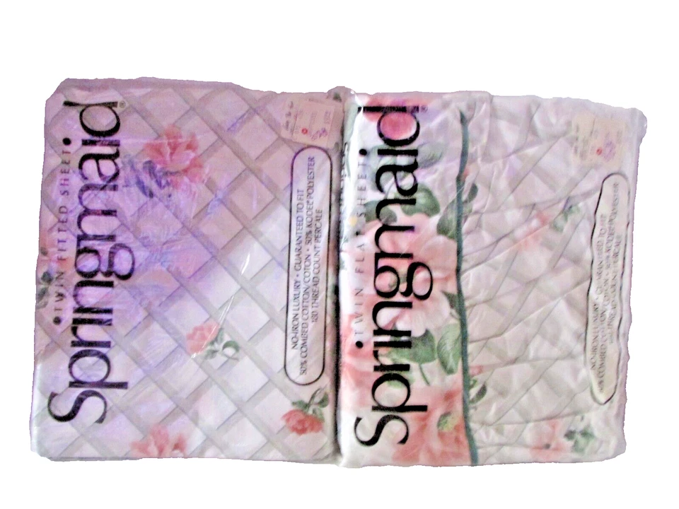 VINTAGE SPRINGMAID SPRING FLORAL Pink Green (3PC) TWIN SHEET SET - Image 4 of 4