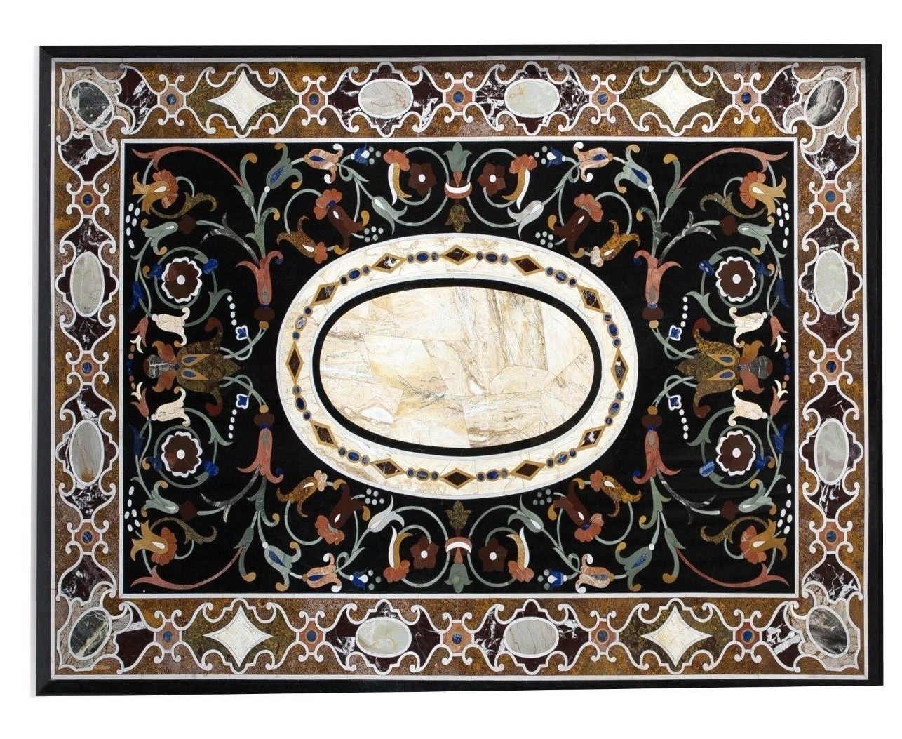 48-Inch Black Marble Table Top with Exquisite Pietra Dura Inlay for Home Decor